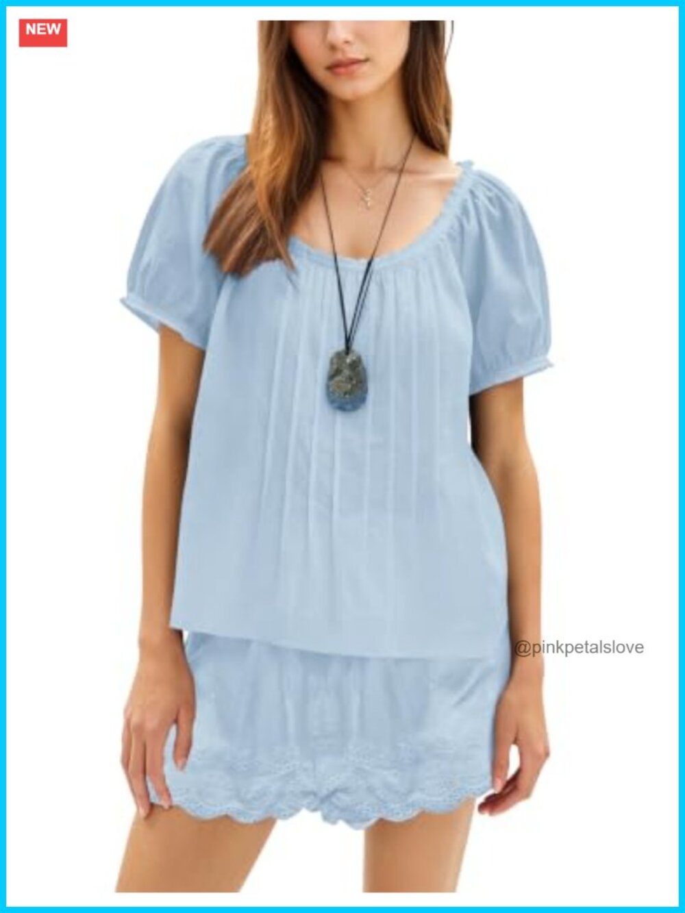 Women 2 Piece Shorts Set Puff Sleeve Babydoll Blouse Lace Cotton Matching Set
